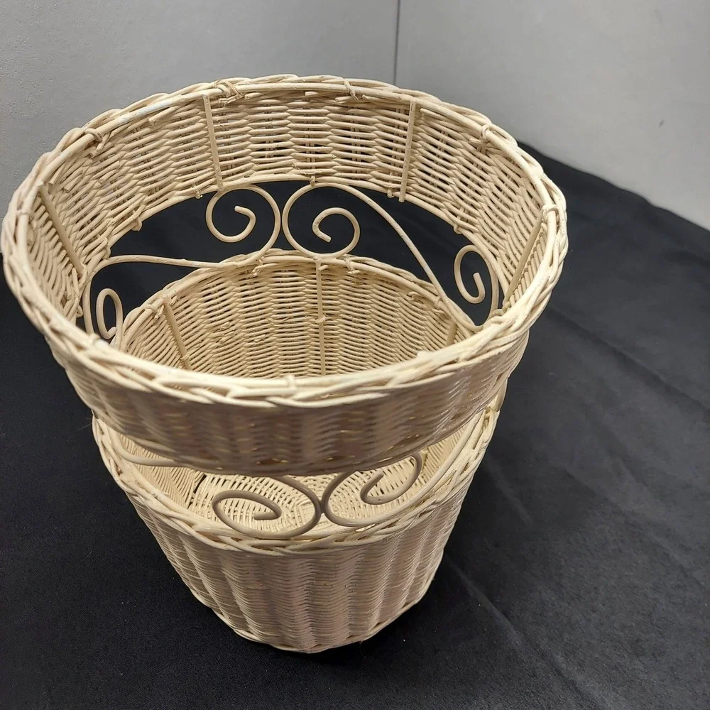 Vintage Wicker Wastebasket Cream White Scrollwork Metal Accents Storage Basket